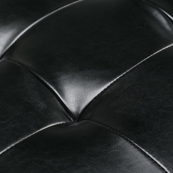 SIMPLIHOME Cosmopolitan Storage Ottoman Bench - 44 inch Wide Upholstered Vegan Leather Rectangle Storage Ottoman in Midnight Black, Transitional Bench for Bedroom with Tufted Lift-Top and Open Shelf