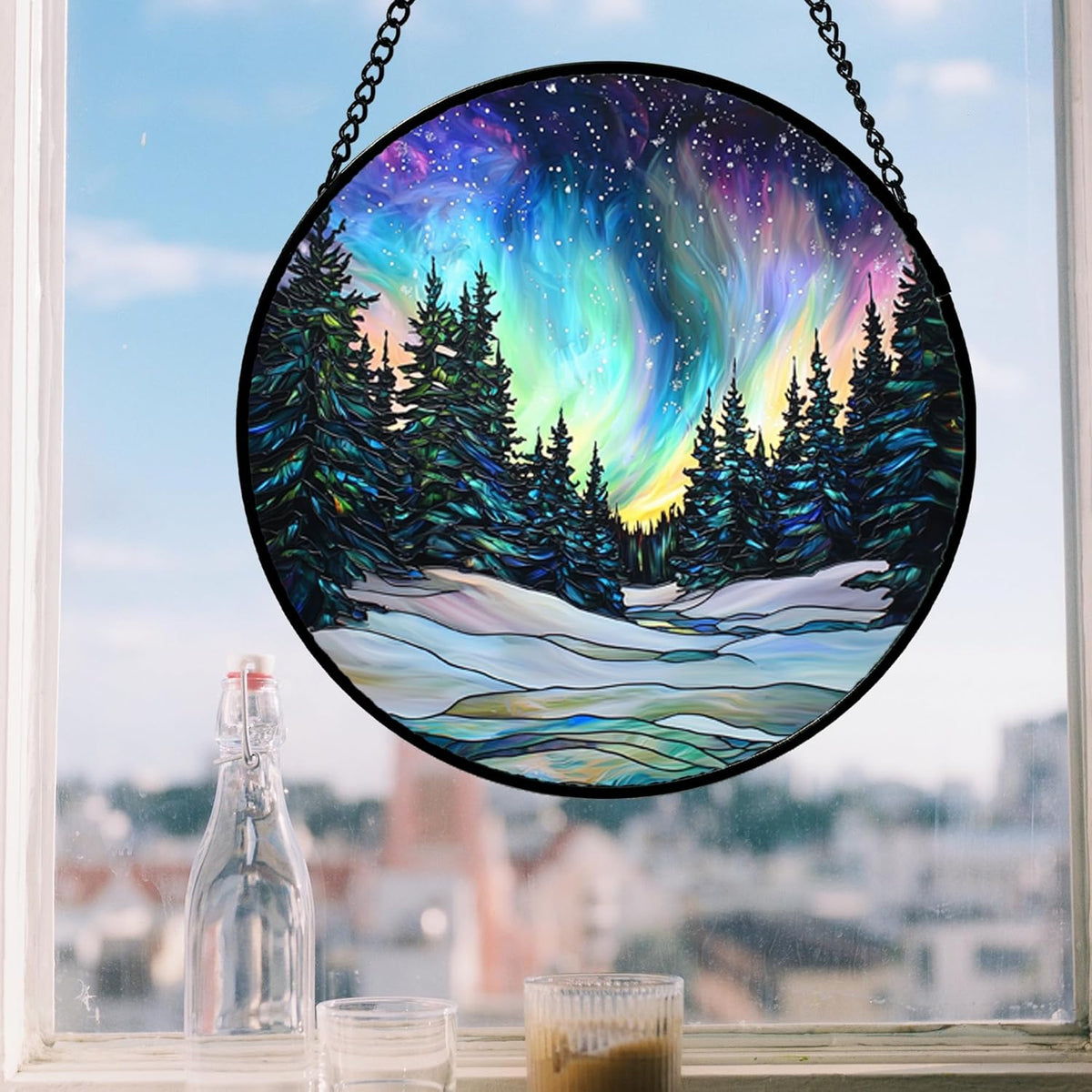 Stained Glass Window Hanging, Aurora Landscape Sun Catchers Glass Panel Green Trees Suncatcher Decor for Birthday for Women, Men, Wife, Aunt, and Mom 14.9x14.9 in