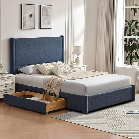 VELOCAVA King Size Upholstered Bed Frame with 51.77" Tall Headboard and Soft Rounded Corners, 2 Storage Drawers, 12-Slat Support, No Box Spring Needed, Linen-Blend Fabric, Dusty Blue