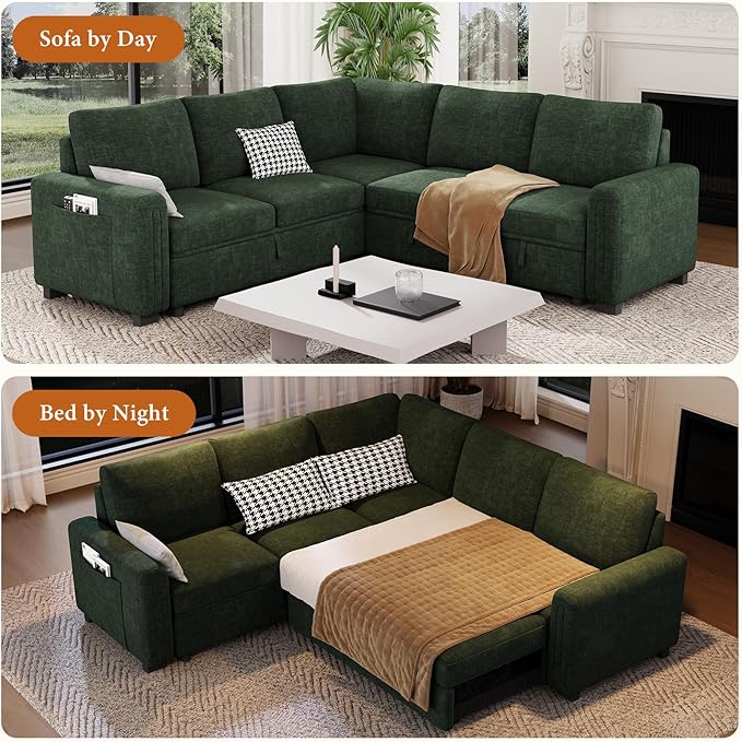 Vesgantti 88.4" Sectional Sleeper Sofa with Pull Out Bed, 5 Seater L Shaped Modular Sectional Couch with Storage, Comfy Chenille Modular Couch for Living Room, Bedroom, Apartment, Green