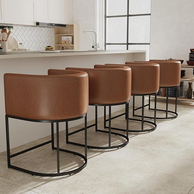 PU Leather Bar Stools, Modern Upholstered Counter Height Bar stools 24" Leather Barstools Barrel Kitchen Counter Island Stools with Black Metal Base, Brown