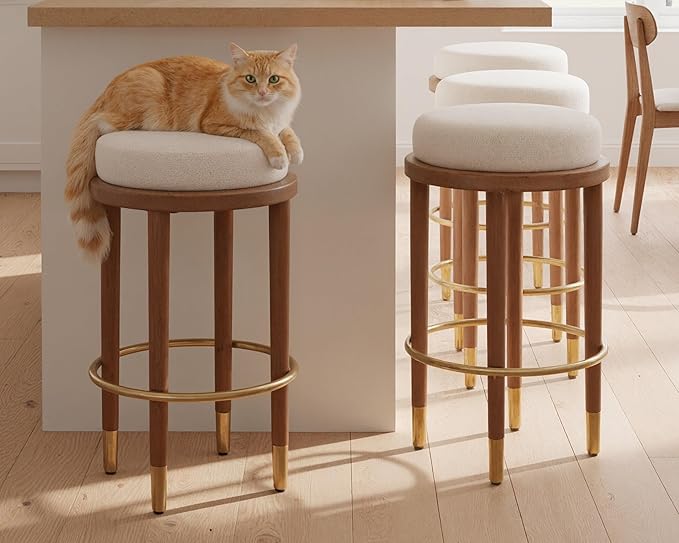 26’’ Rustic Backless Bar Stools with Metal Gold Footrest Counter Height Barstools Set of 2 Modern Round Farmhouse Beige Linen Upholstered Wooden Stools with Natural Solid Wood Legs for Kitchen Island