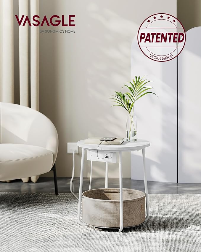 VASAGLE LILEA Collection - Side Table with Charging Station, Round End Table with Fabric Basket, Nightstand with USB Ports, for Living Room, Bedroom, Modern, Matte White and Camel Brown ULET228W01