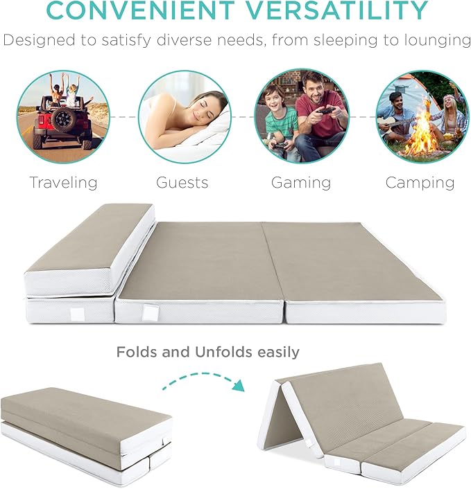 Best Choice Products 4in Portable Full-Size Mattress, Tri-Fold Mattress for Camping, Guest, Toddler, Foam Plush w/Carry Case - Taupe
