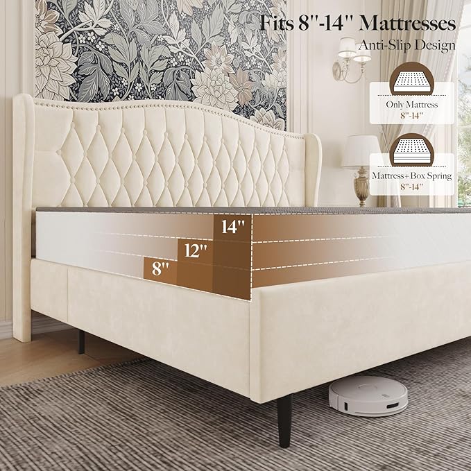 Belffin King Bed Frame and Headboard, Luxury Upholstered Velvet Platform Bed with Wingback, Button Tufted & Nailhead Trim, Anti-Slide Tall Footboard, No Box Spring Needed, Noise-Free, Beige