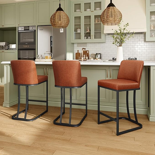 MAISON ARTS Counter Height Bar Stools with Back Set of 3 for Kitchen Counter, 24 Inch Modern Upholstered Faux Leather Barstools Farmhouse Bar Chairs Luxury Island Stools Support 330LBS, Brown