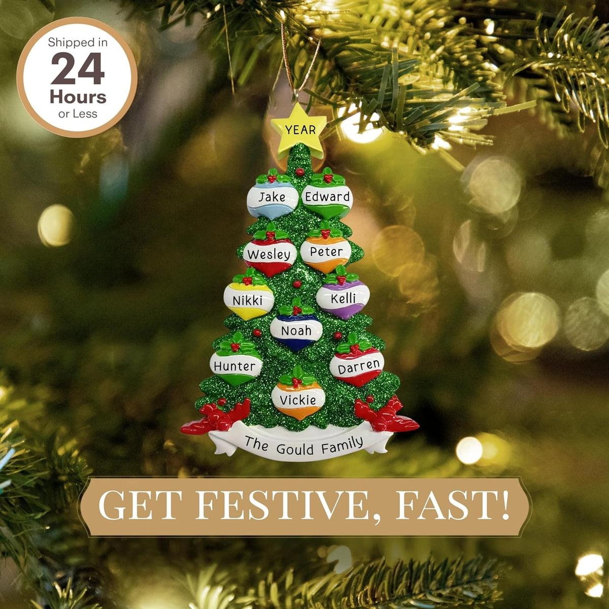 Personalized Large Family of 10 Ornament 2025 | Free 24h Customization | Christmas Ornaments for Tree | Custom Gift Wrapped Green Glitter Keepsake for Ten Persons