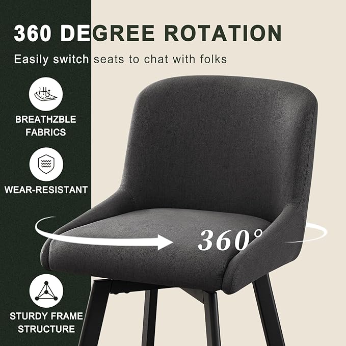 Swivel Counter Height Bar Stools Set of 2, 26''H Upholstered Barstools with Backs, Modern Bar Stool Chairs for Kitchen Island, Metal Legs, Fabric, Black Grey Stools Counter Chair