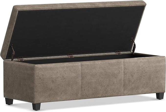 SIMPLIHOME Avalon Storage Ottoman Bench - 48 inch Wide Upholstered Vegan Leather Rectangular Lift-Top Ottoman in Distressed Smoky Grey Brown, Transitional Bench for Living Room with High-Density Foam