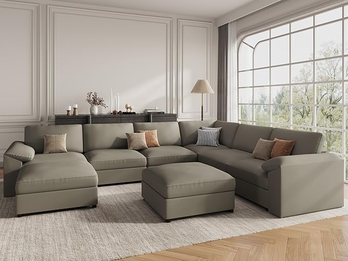 EASE MOOSE Modular Sectional Sofa, Oversized Faux Leather Sectional with Ottoman, Wide Deep Modular Couch, Scratch Resistant Faux Leather Material, U Shaped Couch for Big Spaces, Light Grey