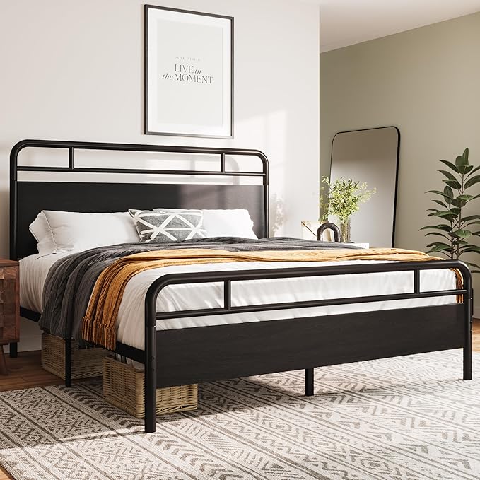 Allewie Full Size Platform Bed Frame with Wooden Headboard and Footboard, Heavy Duty 13 Metal Slats Support, Under-Bed Storage, No Box Spring Needed, Noise Free, Easy Assembly, Black Oak