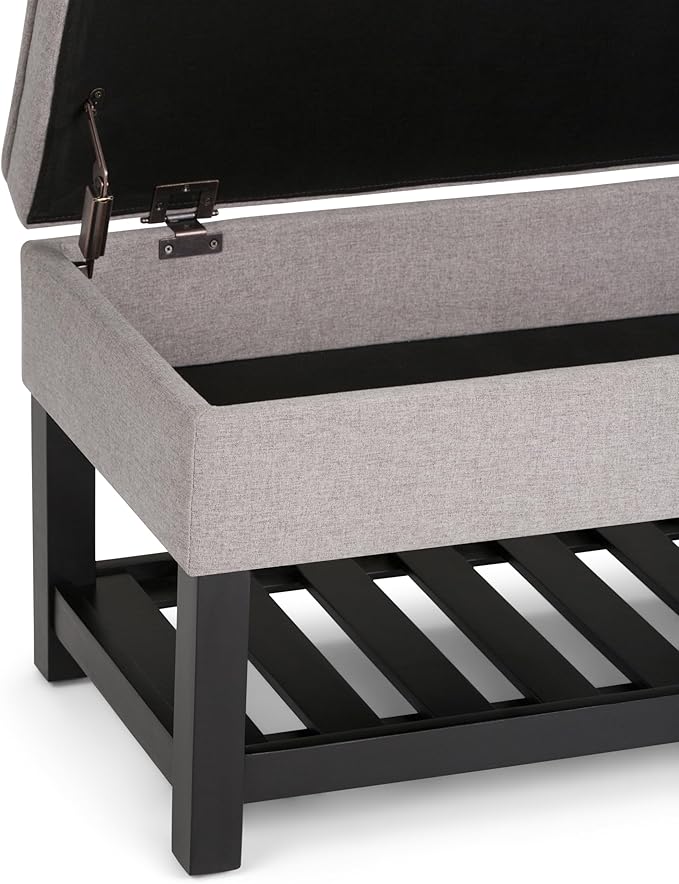 SIMPLIHOME Cosmopolitan Storage Ottoman Bench - 44 inch Wide Upholstered Linen Look Fabric Rectangle Storage Ottoman in Cloud Grey, Transitional Bench for Bedroom with Tufted Lift-Top and Open Shelf