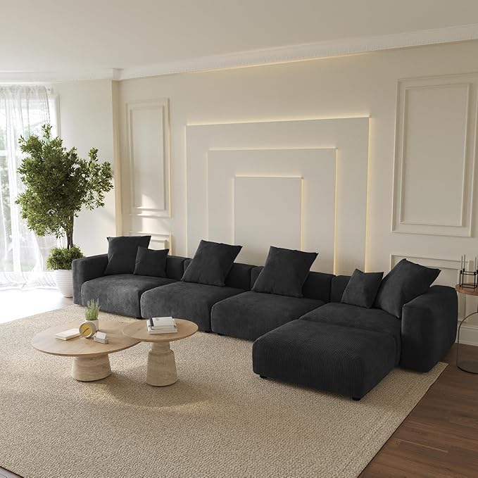 Oversized Modular Sectional Sofa with Ottomans,5 Seater Corduroy L Shaped Reversible Corner Couch,181.1" Convertible Sofa & Couch Free Combination for Living Rooom,Black