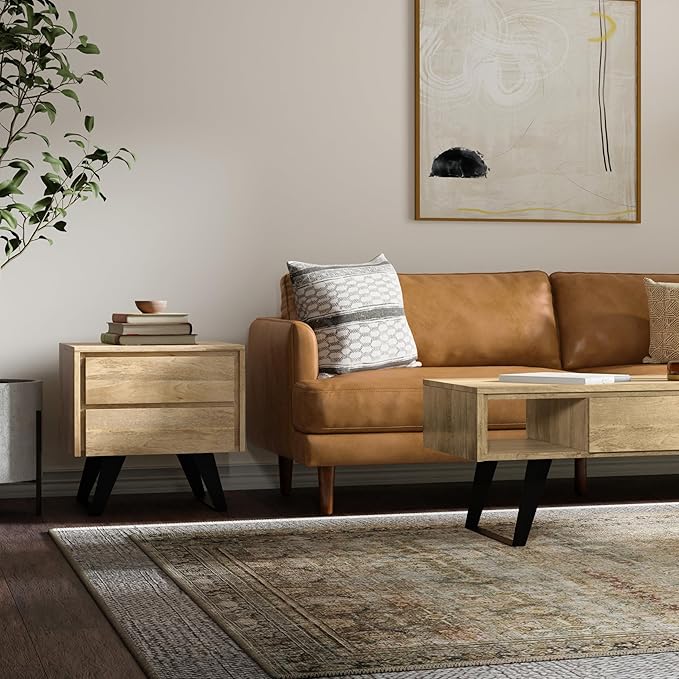 SIMPLIHOME Lowry Solid Mango Wood and Metal 22 inch Wide Rectangle Modern Industrial Side Table in Natural for The Living Room and Bedroom