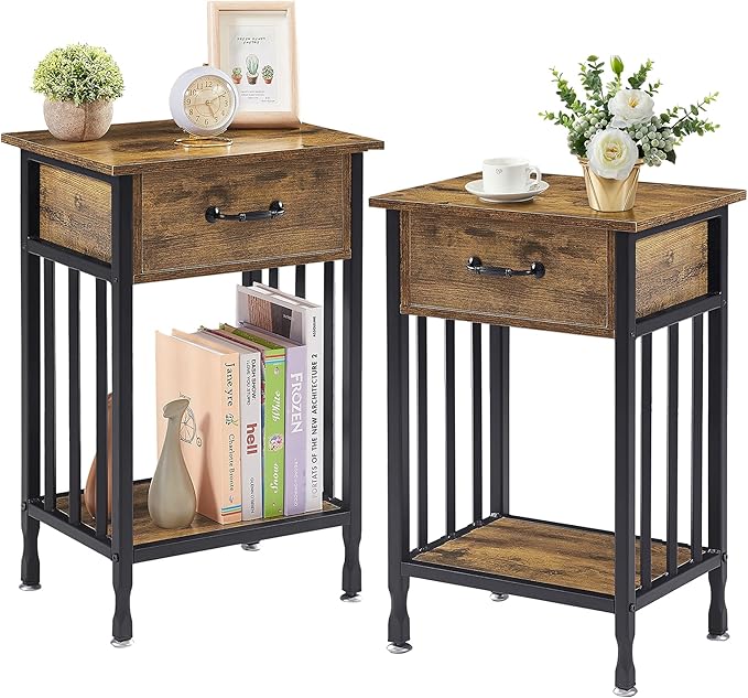 VECELO Nightstands, Industrial Side Table/End Tables with Drawer and Storage Shelf, Night Stands for Bedroom, Living Room, Wood Metal Furniture, Easy Assembly,Antique Brown,2 Sets