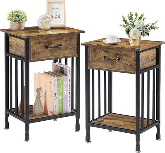 VECELO Nightstands, Industrial Side Table/End Tables with Drawer and Storage Shelf, Night Stands for Bedroom, Living Room, Wood Metal Furniture, Easy Assembly,Antique Brown,2 Sets
