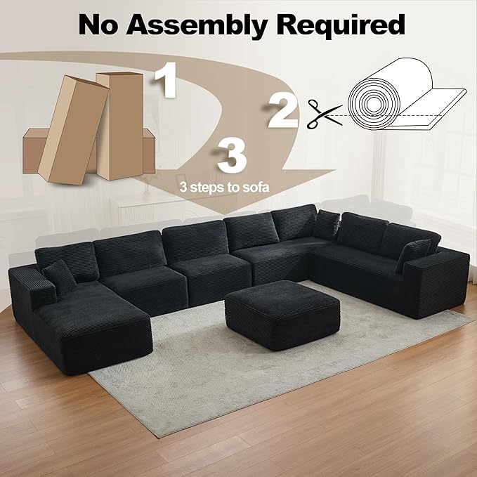 Modular Sectional Cloud Couch for Living Room,Modern Boneless Couche Set with Plush Corduroy,Comfy Floor Sofa with Memory Foam,Stupendous U Shaped Sofa with Ottoman,No Assembly Required,Black