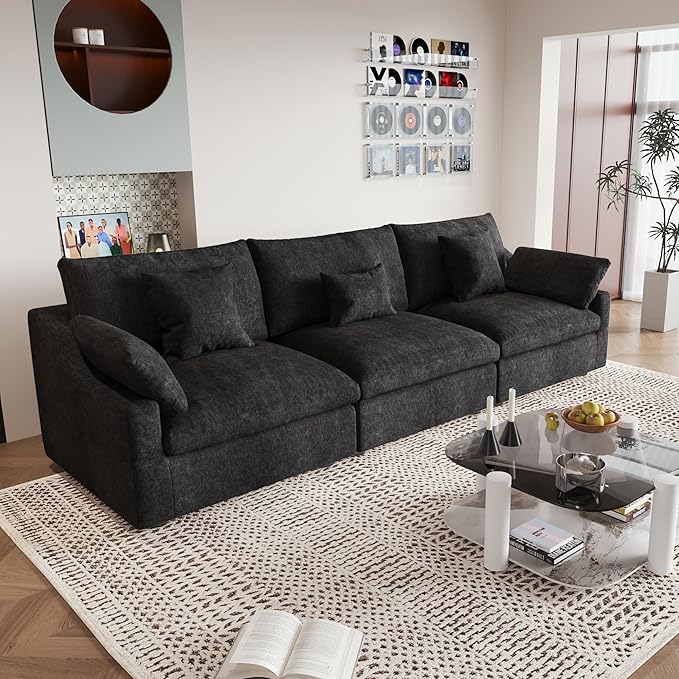 JACH Sectional Couches for Living Room, 3 Seater Cloud Sectional Couch with Deep Seat, Down Filled Modular Sofa, Covers Removeable & Washable, Sofas Furniture for Living Room, Black
