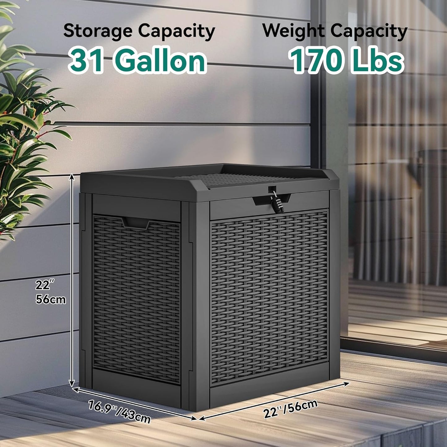 YITAHOME 32 Gallon Outdoor Storage Box, Water Resistant Resin Deck Box, Indoor Outdoor Lockable Storage Container for Patio, Garden, Cushions, Tools, Equipment (Black)
