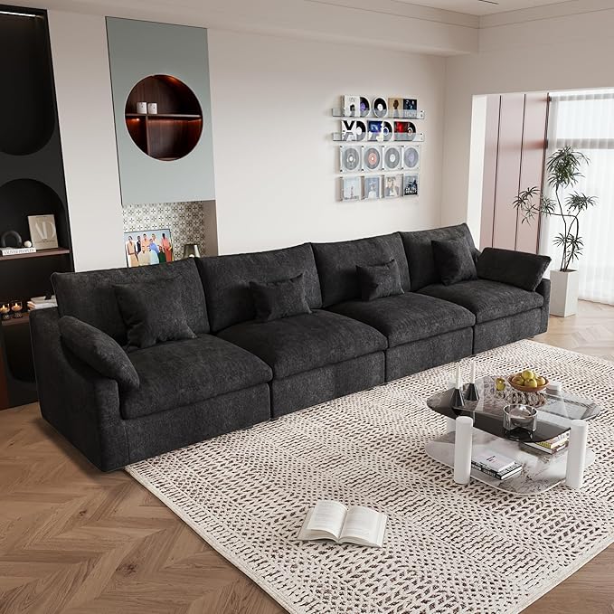 JACH Sectional Couches for Living Room, 4 Seater Cloud Sectional Couch with Deep Seat, Down Filled Modular Sofa, Covers Removeable & Washable, Sofas Furniture for Living Room, Black