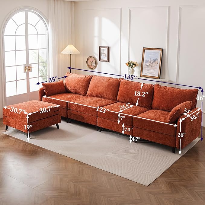 135'' Modular Sectional Sofa with All Seats Storage, Oversized L Shaped Couch for Living Room,4-Seater Comfy Cloud Couches with Movable Ottoman,Big Sectional for Bedroom,Velet,Orange