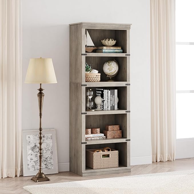 IDEALHOUSE 5 Tier Bookcase, Farmhouse Book Shelf with Storage, Tall Book Case Wooden 5 Shelf Bookcase for Home Office, Living Room, Bed Room (Grey, 67.4" H x 24.6" W x 12.8" D)