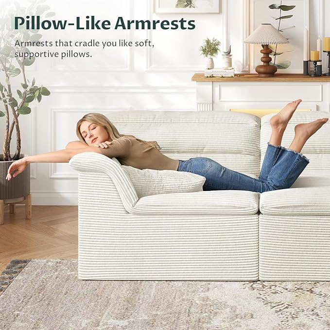 88" Sofa with Deep Seats Oversize, 3 Seater Cloud Couches, Upholstered Corduroy Couch for Living Room Bedroom, No Assembly Required, Beige