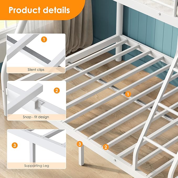 soges Twin Over Full Bunk Bed, Heavy Duty Sturdy Bunk Beds with Ladder & Guardrail, Space-Saving Metal Bed Frame for Teens Adults, White