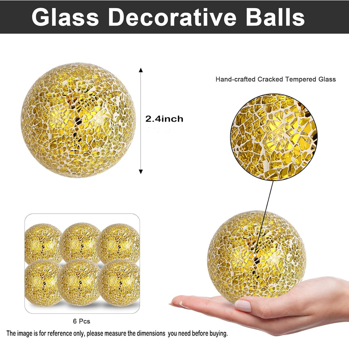 6Pcs Decorative Ball Set, 6cm/2.4inch Mosaic Glass Orbs Centerpiece Balls for Decorate Tables, Wedding Party (Golden)