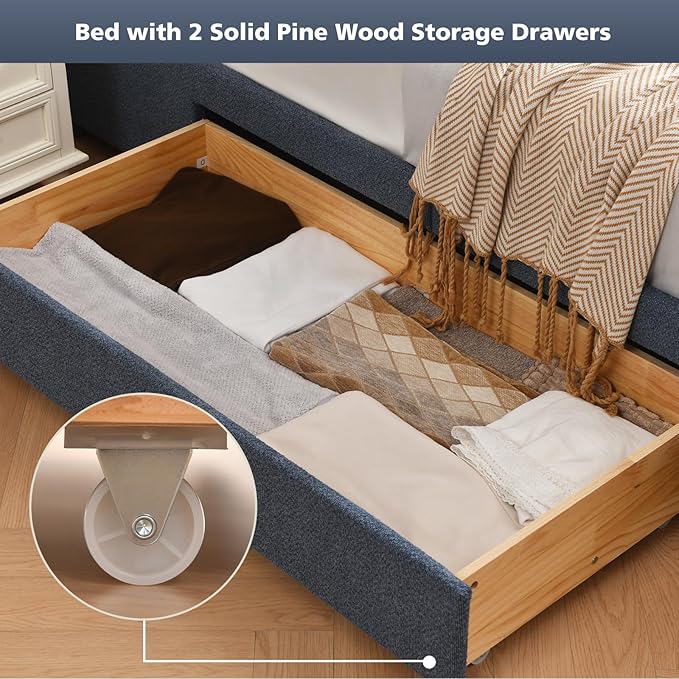 VELOCAVA Queen Size Upholstered Bed Frame with 51.77" Tall Headboard and Soft Rounded Corners, Side Storage Drawers, 12-Slat Support, No Box Spring Needed, Linen-Blend Fabric, Dusty Blue