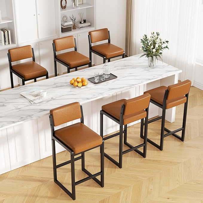 Bar Stools Set of 6, Faux Leather Counter Height Bar Stools with High Back and Metal Legs, Upholstered Bar Chairs, 26" Modern Barstools for Kitchen Island, Caramel