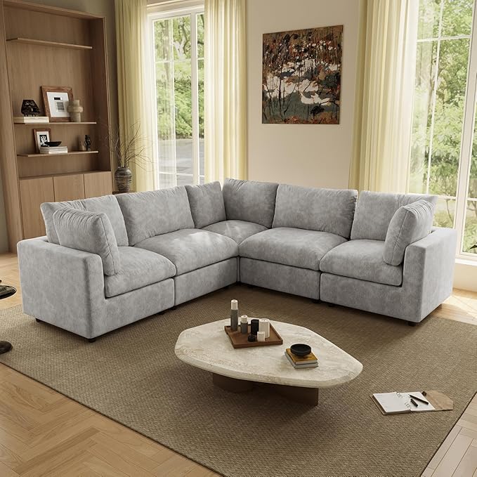 WJShome V Shaped Sectional Cloud Couch, 100 Inch 5-Seater Modern Modular Sofa,Chenille Deep Seat Couches for Living Room