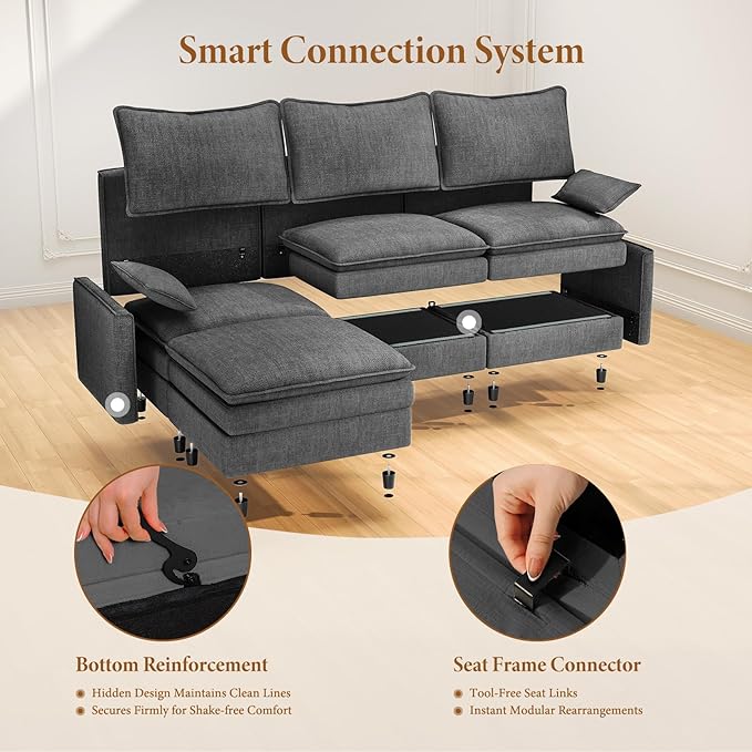 Vesgantti 108" V-Shaped Corner Couch Sectional, 7 Seat Customizable Modular Cloud Couches with Movable Ottoman, Chenille Deep Seat Sofa Set with Chaise for Living Room, Bedroom and Apartment, Gray
