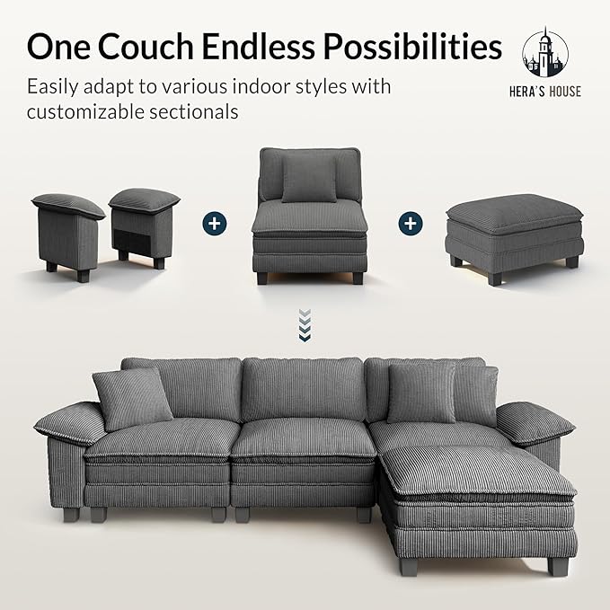 HERA'S HOUSE 158" Modular Sectional Sofa, Oversized U Shaped Couches for Living Room, Comfy Cloud Couch with Ottoman, 6-Seater Deep Seat Sofa with Throw Pillow, Corduroy Grey
