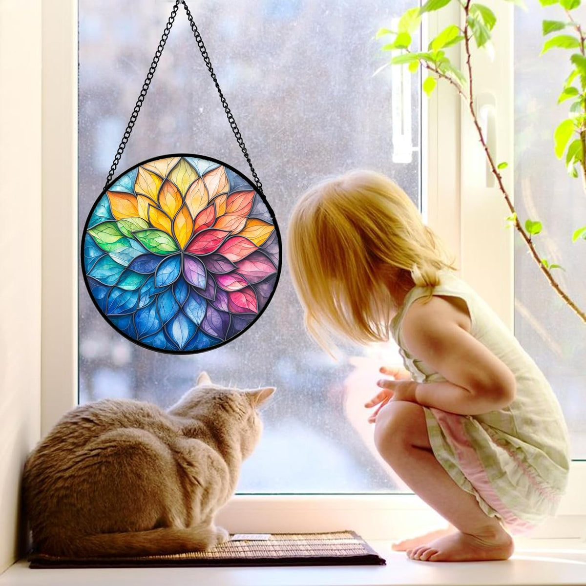 Stained Glass Window Hanging, Colorful Flower Petals Sun Catchers Diamond Glass Panel Hangings Suncatcher Decor for Birthday for Women, Men, Wife, Aunt, and Mom 6.3 in