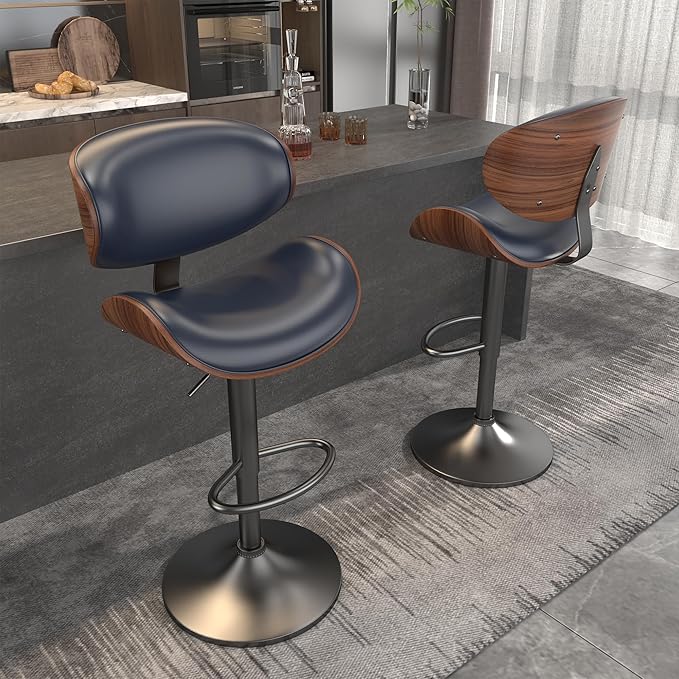 Mid Century Modern Bar Stools Set of 3, Counter Height Bar Stools, Barstools with Back for Kitchen Dining Room Bar, Brown Blue