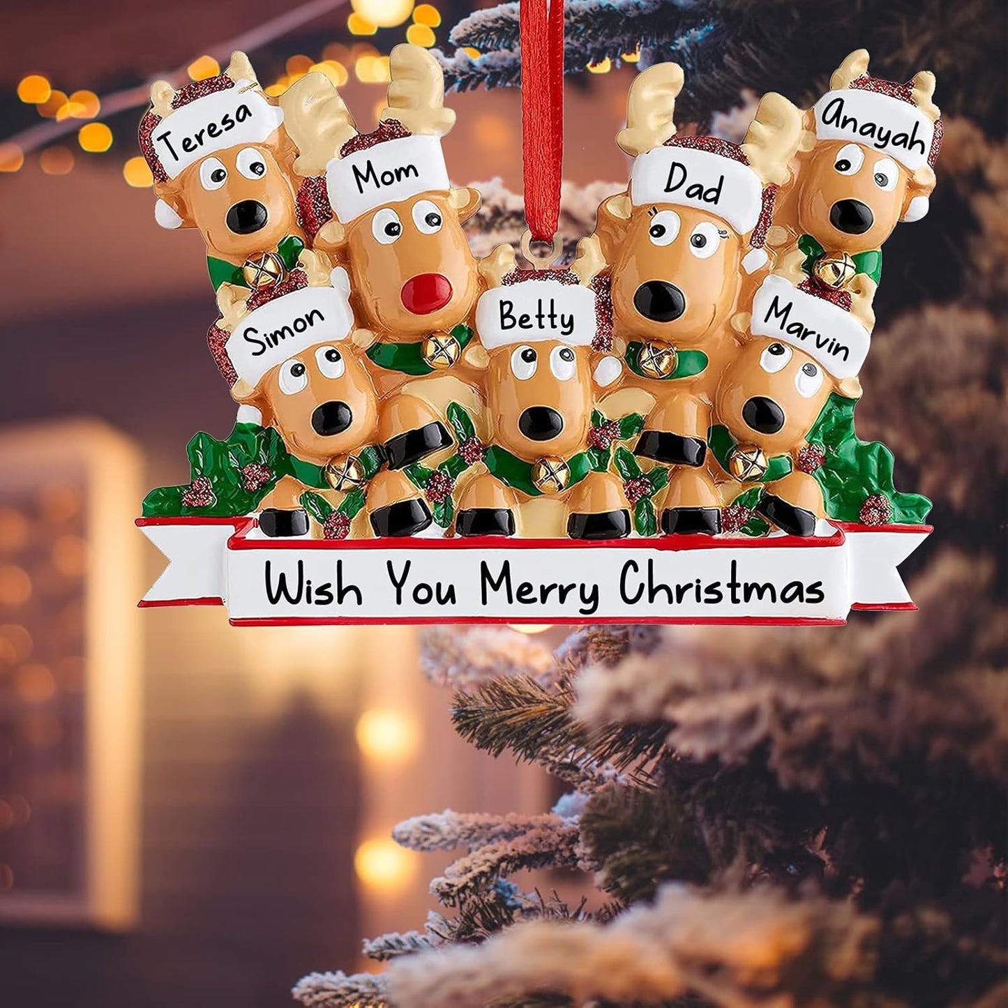 Personalized Deer Christmas Ornaments 2025 Family of 2,3,4,5,6,7,8 Custom Name Reindeer Xmas Ornament with Text,Customized Christmas Decoration Gifts - Family of 5