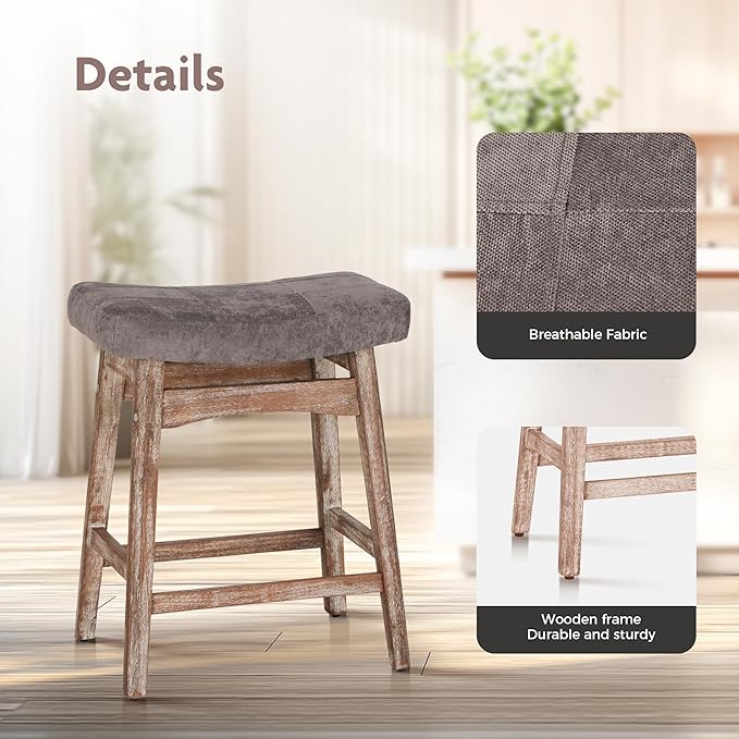 ALPHA HOME Bar Stools Set of 4, Solid Wood Saddle Kitchen Stools with Grey Linen Fabric Cushion Counter Height Barstools, 24 Inch, Grey, 4PCS