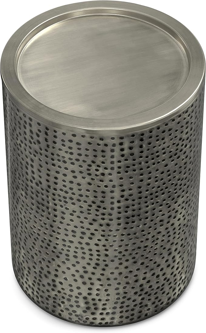 SIMPLIHOME Corbin 16 inch Wide Metal Side Table in Hammered Antique Silver, Round Drum Design End Table for Living Room, Family Room, or Entryway, Industrial Style, Assembled