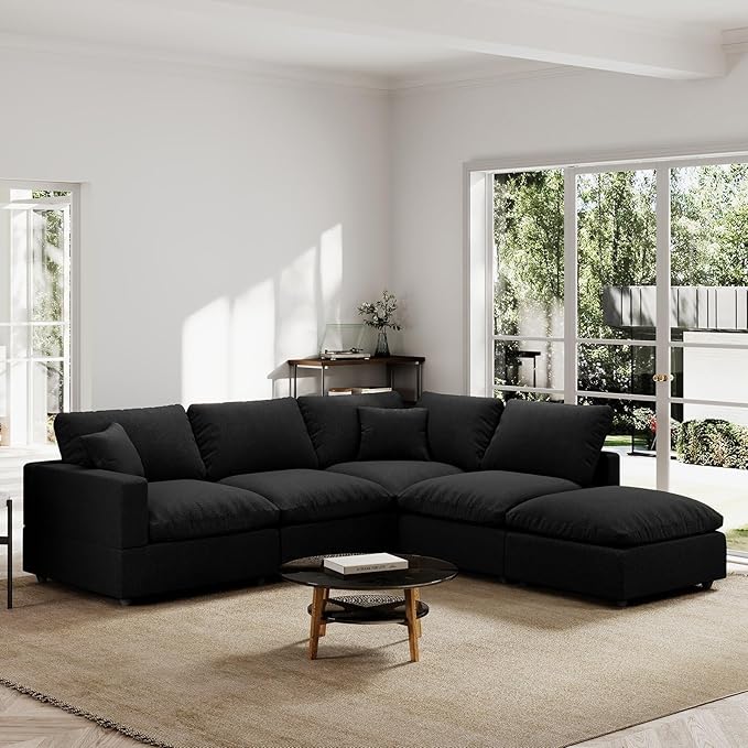 Modern Sectional Linen Couch for Living Room V-Shape Sofas,5 Seat Modular Cloud Sofas,Couches Cushion Covers Removable,Cozy Feather Down Sofa for Apartment Black