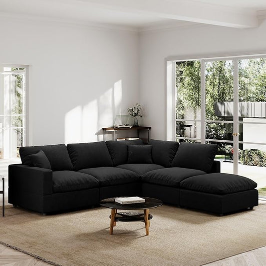 Modern Sectional Linen Couch for Living Room V-Shape Sofas,5 Seat Modular Cloud Sofas,Couches Cushion Covers Removable,Cozy Feather Down Sofa for Apartment Black