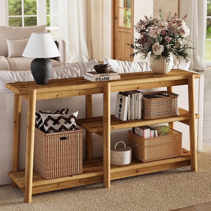 LITTLE TREE Solid Wood Console Table, 63-Inch Farmhouse Sofa Table Behind Couch, 3-Tier Entryway Table with Storage, for Living Room, Hallway in Warm Wood Color