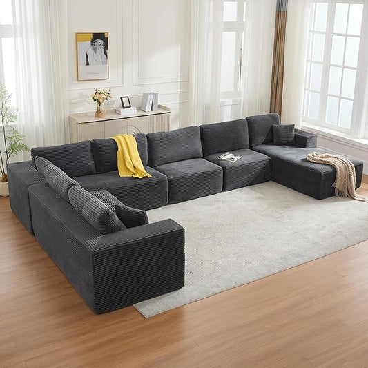 Modular Sectional Cloud Couch for Living Room,Modern Boneless Couche Set with Plush Corduroy,Comfy Floor Sofa with Memory Foam,Stupendous U Shaped Sofa with Chaise,No Assembly Required,Grey