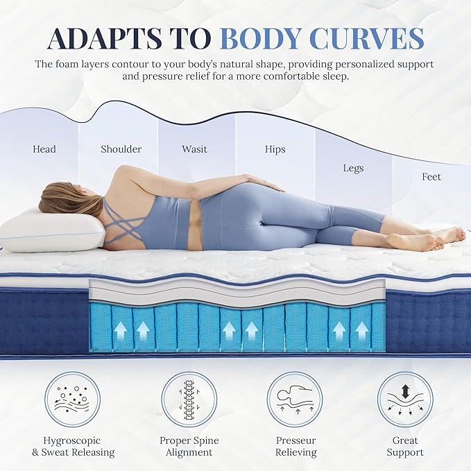 Twin XL Mattress, 14 Inch Twin XL Size Hybrid Mattress in a Box, Medium Feel Foam and Individual Pocket Springs, Extra Edge Support, Pressure Relief, CertiPUR-US, Blue