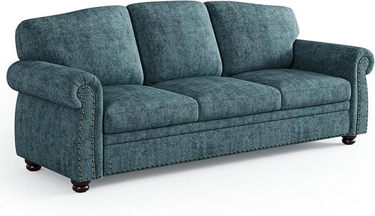 ONBRILL 90 Inch Nailhead Trim Couch for Living Room, 23 Inch Deep Seat Rolled Arm Sofa, Comfy Upholstered 3 Seater Chenille Couch w/Wooden Leg, Large Traditional Sofa for Farmhouse, Teal