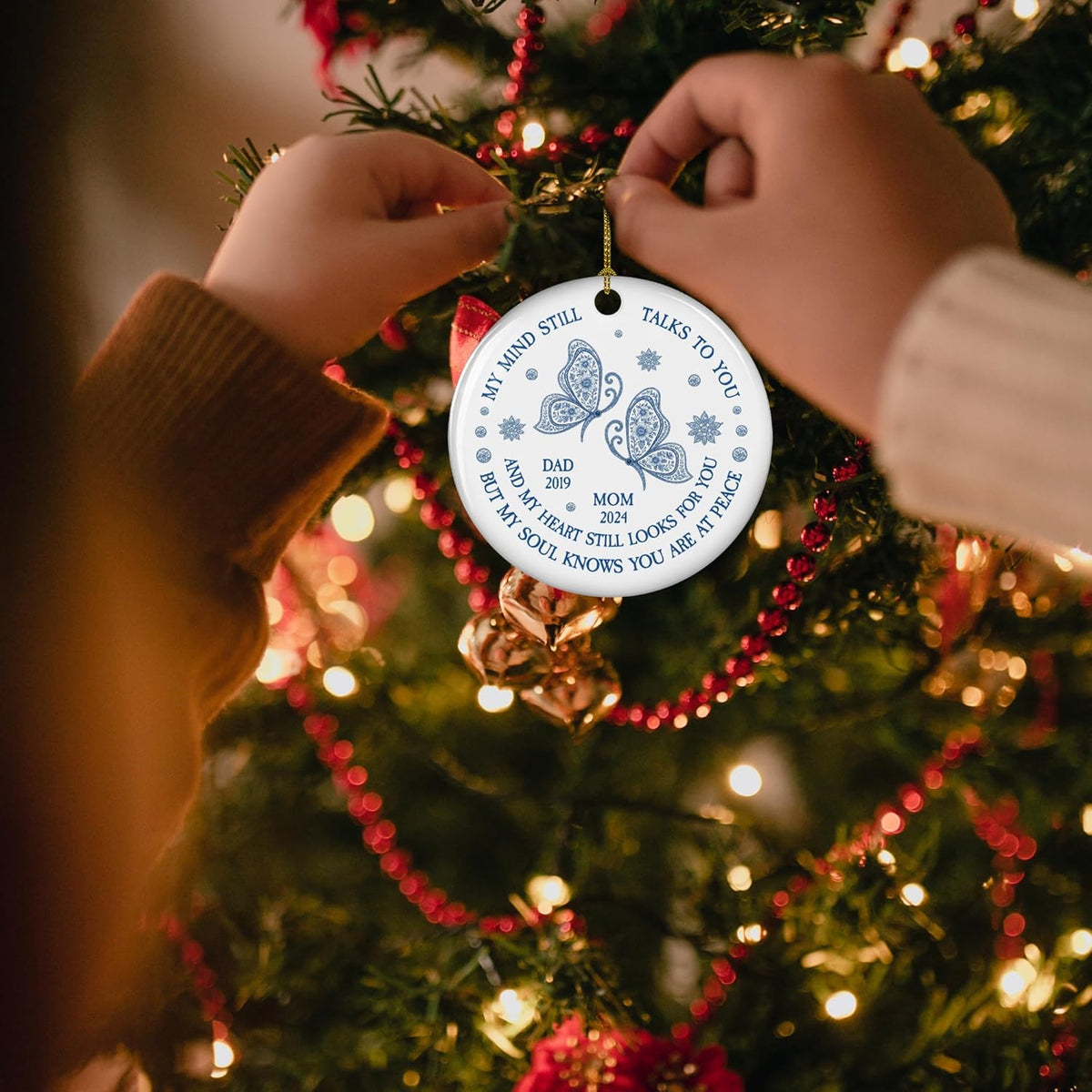 Personalized Memorial Christmas Ornament Toile De Jouy Style - My Mind Still Talks to You, Custom Name Remembrance Ceramic Ornament for Loss of Loved Ones, Sympathy Gifts for Deceased