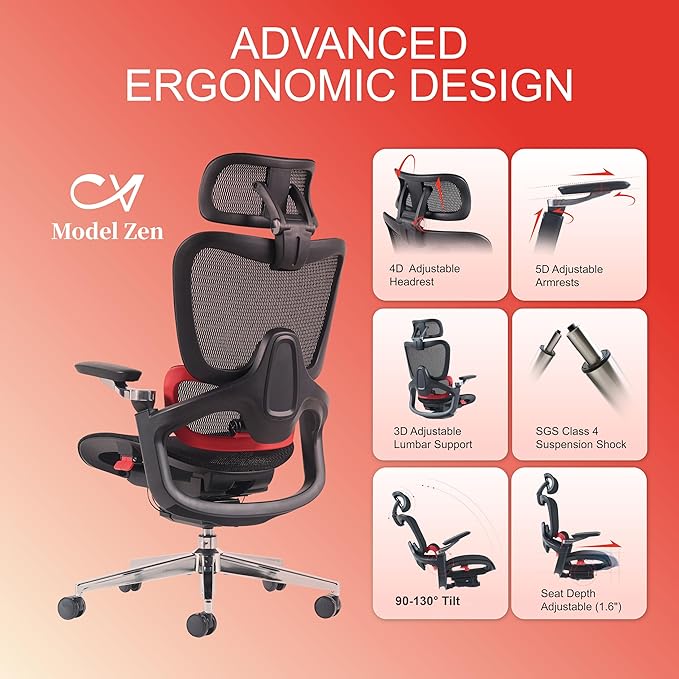 Ergonomic Office Chair, Big and Tall Mesh Computer Gaming Chair with Adaptive Lumbar Support, Work Chair with Headrest, 5D Armrest,90-130°Tilt, BIFMA Certified, Model Zen (Red)