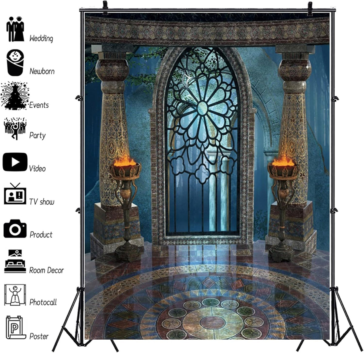 Renaiss 10x15ft Medieval Castle Backdrop for Photoshoot Portrait Pillar Torch Gothic Stone Tower Ancient Old Fortress Interior Photography Background Halloween Party Decor Wallpaper Photo Studio Props