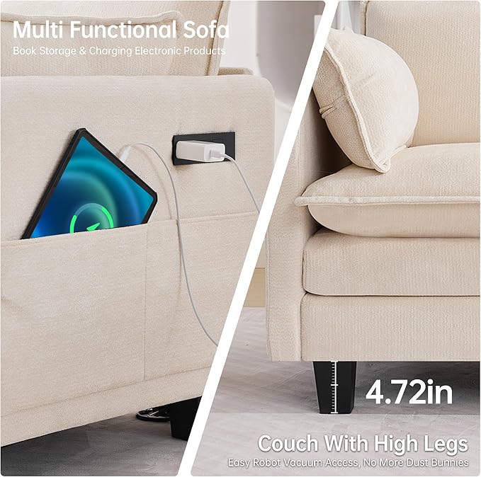 108" Modular Sectional Couches for Living Room with Ottoman, L Shaped Cloud Couch with Charger, USB & Type-c Port, Comfy 4 Seats Sofas with Deep Seat, Chenille Fabric, Beige