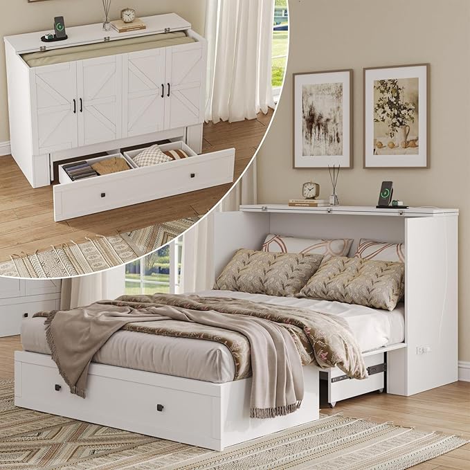 Full Size Murphy Bed with Charging Station - Wall Mounted Hideaway Cabinet Bed, Foldable Panel & Large Storage Drawer for Home Office,Small Room,Guest Bedroom,Living Room, White